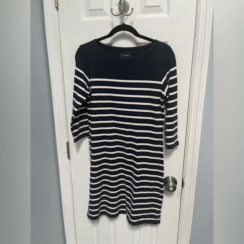 LL Bean Dress Navy White Heritage Striped Cotton Nautical Mariner Small Coastal